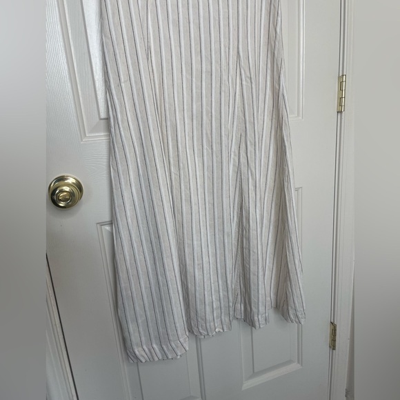 ICHI Striped Button Down Maxi Dress Linen Blend Look V-Neck Short Sleeve Neutral - Picture 9 of 15